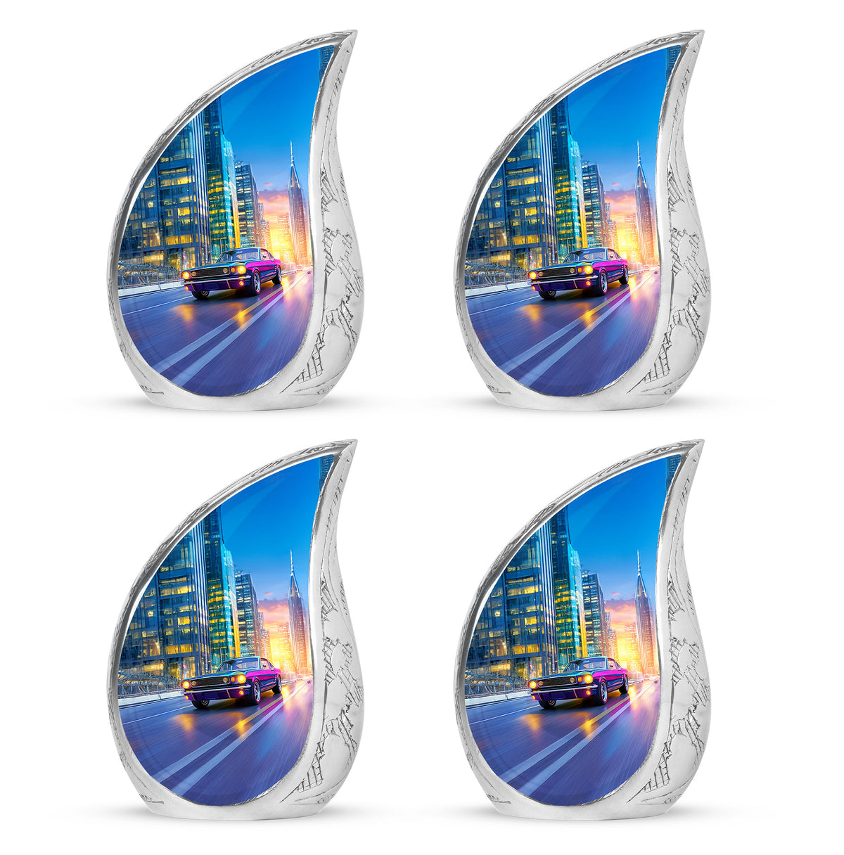 Calming Blue Car Cremation Urn close-up of engraving and surface detail - smooth teardrop contour featuring car art - 10 inch aluminum urn for cremated remains
