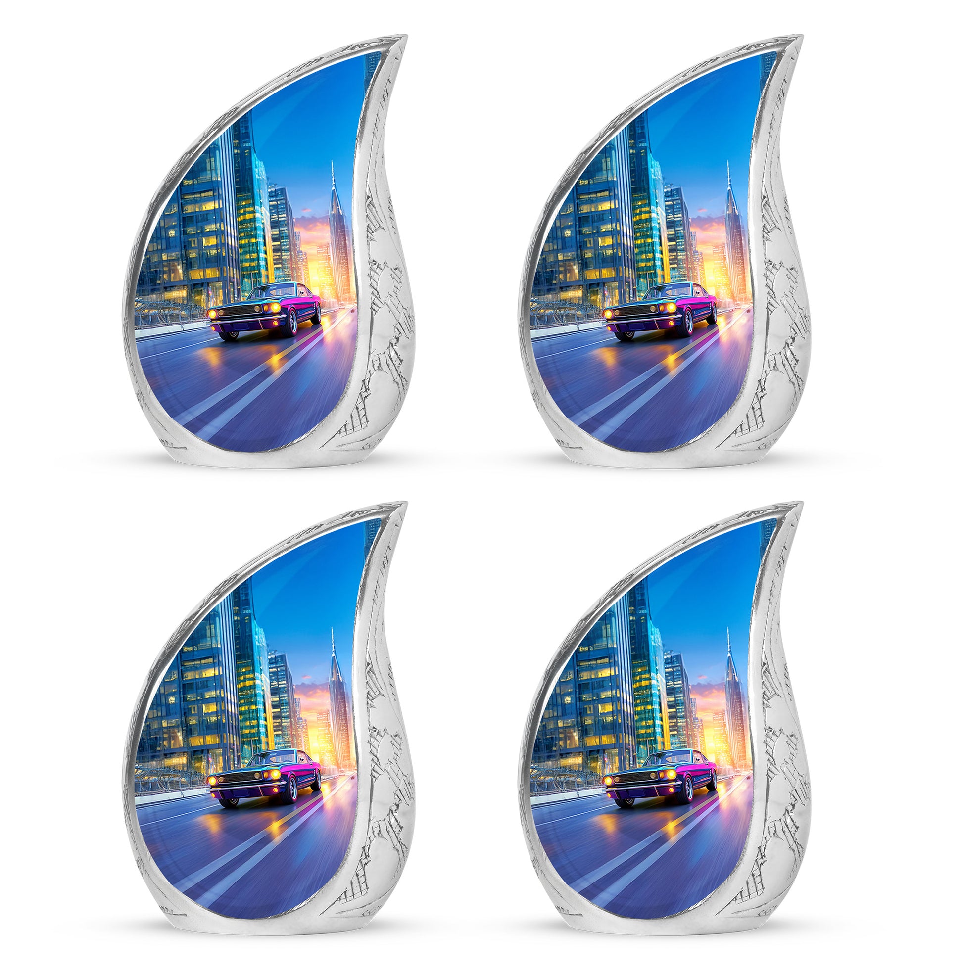 Calming Blue Car Cremation Urn close-up of engraving and surface detail - smooth teardrop contour featuring car art - 10 inch aluminum urn for cremated remains