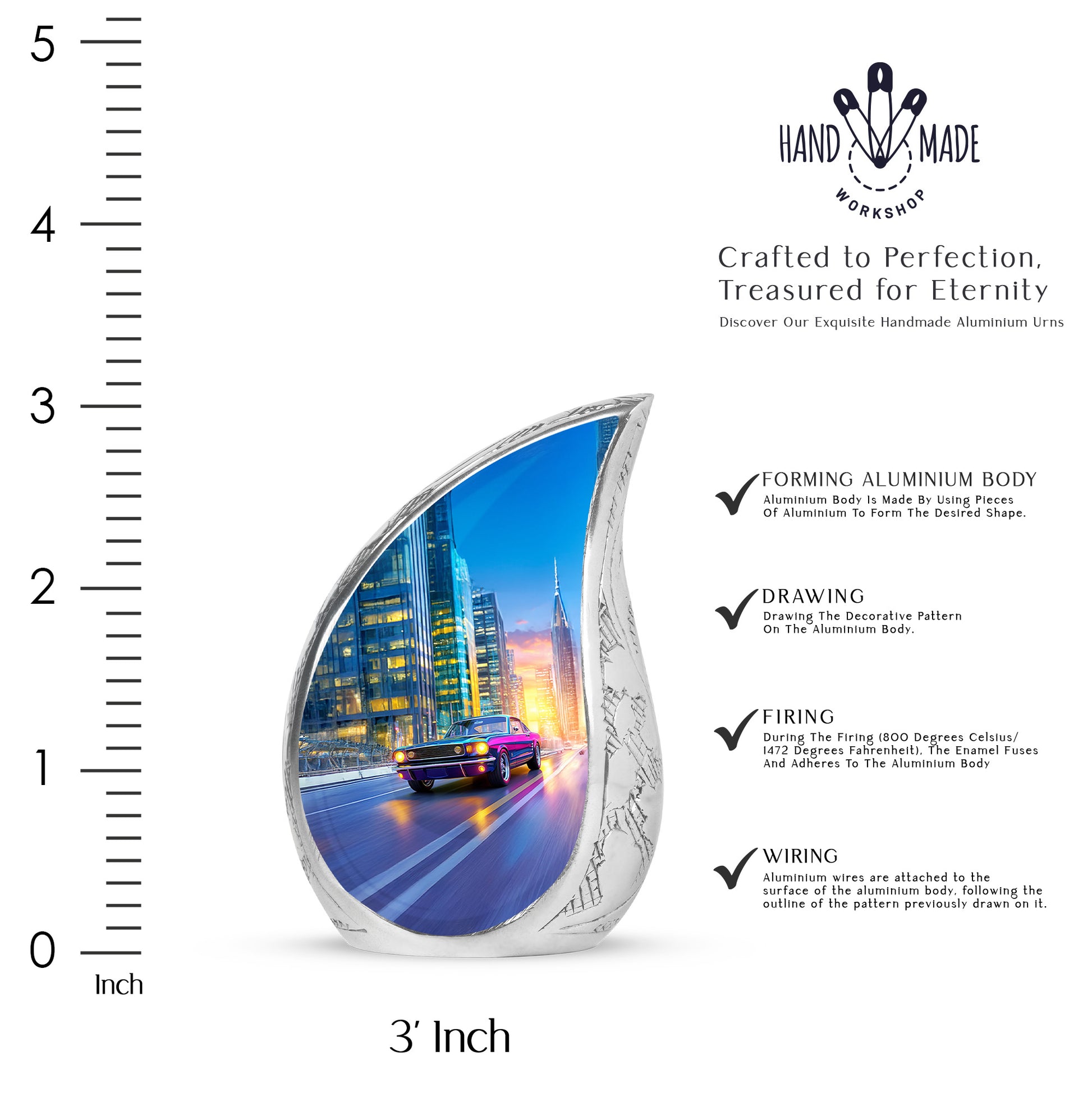Icy Blue Car Cremation Urn angled view of lid and engraved motif - rounded teardrop car design with delicate detail - mini keepsake memorial for portion of cremation ashes