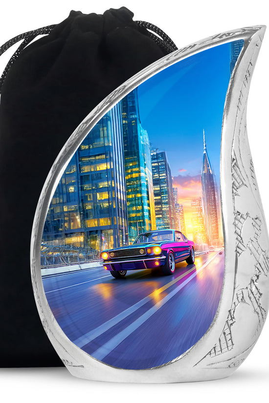 Soft Blue Car Cremation Urn front view showing detailed design - graceful tear-shaped urn with car motif - full-size 10 inch 200 cubic inch adult cremation urn