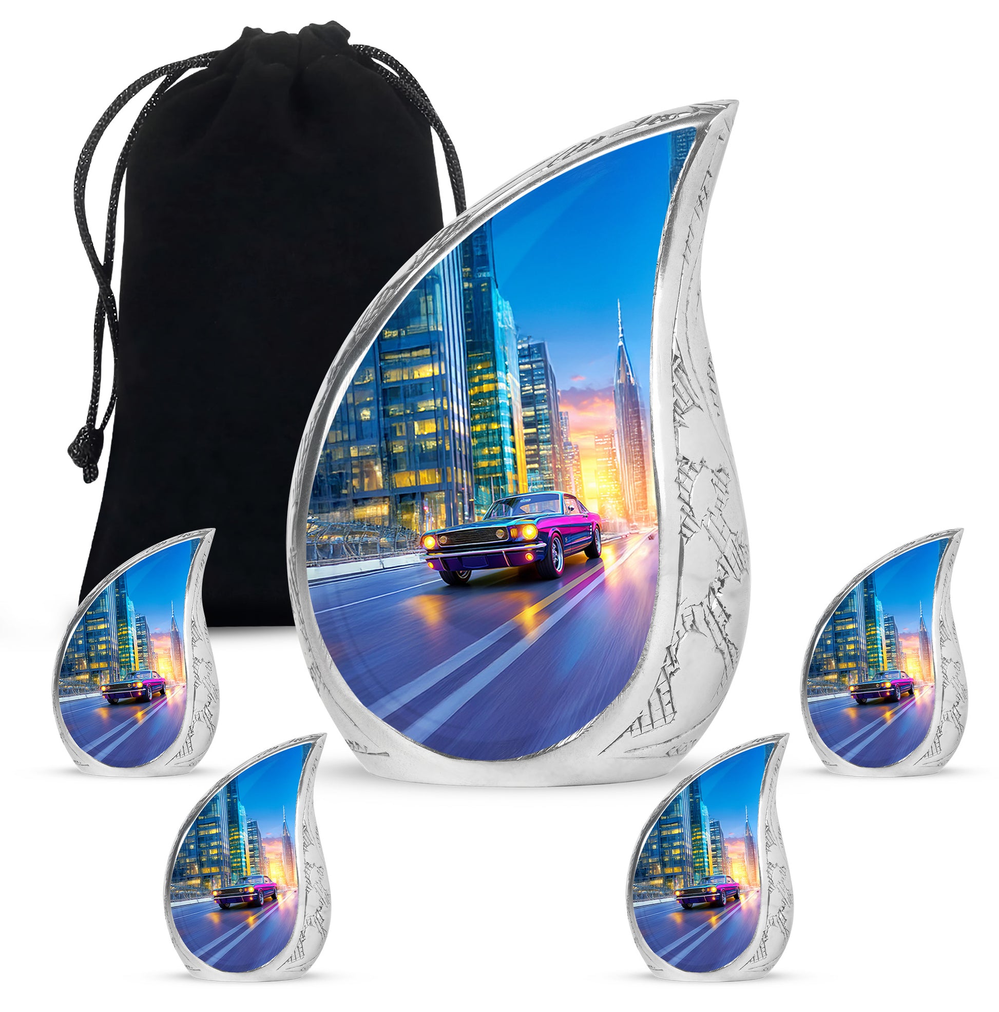 Sapphire Blue Car Cremation Urn side profile showing urn shape - smooth teardrop contour featuring car art - memorial set with one large and four small urns