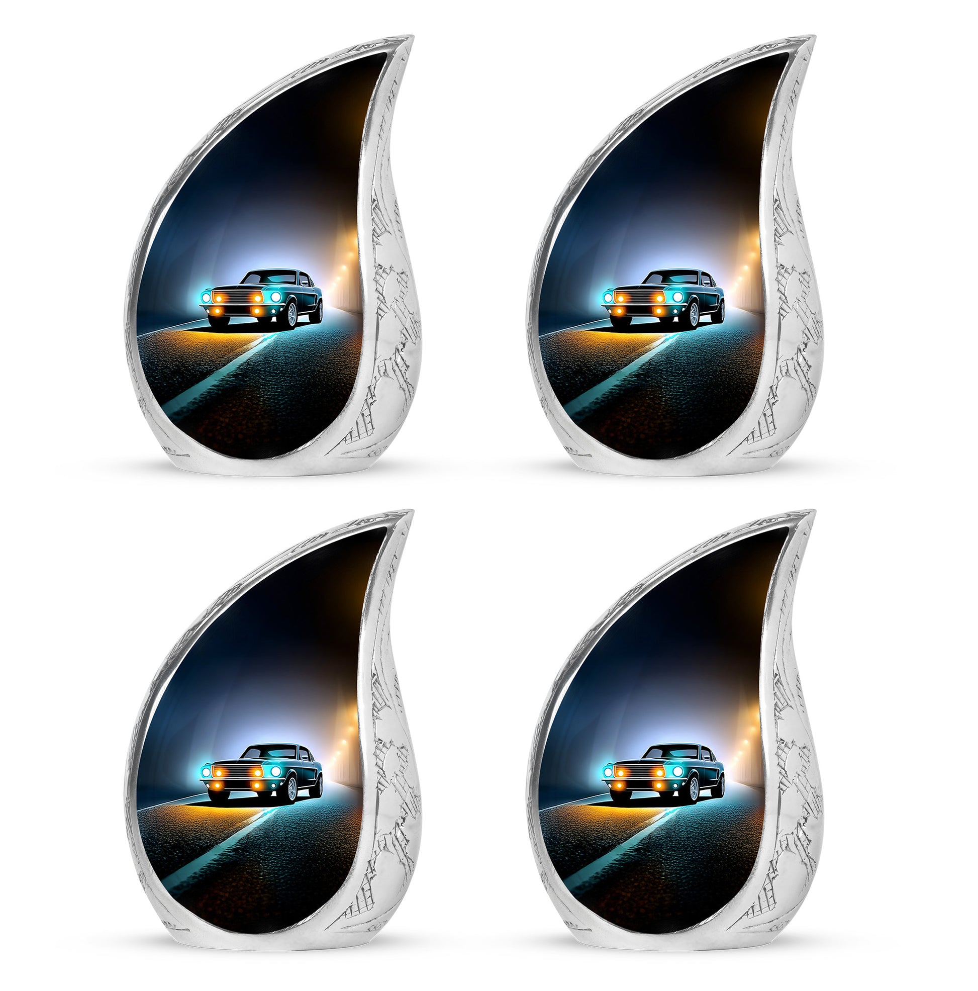 Onyx Black Car Cremation Urn close-up of engraving and surface detail - smooth teardrop contour featuring car art - 10 inch aluminum urn for cremated remains