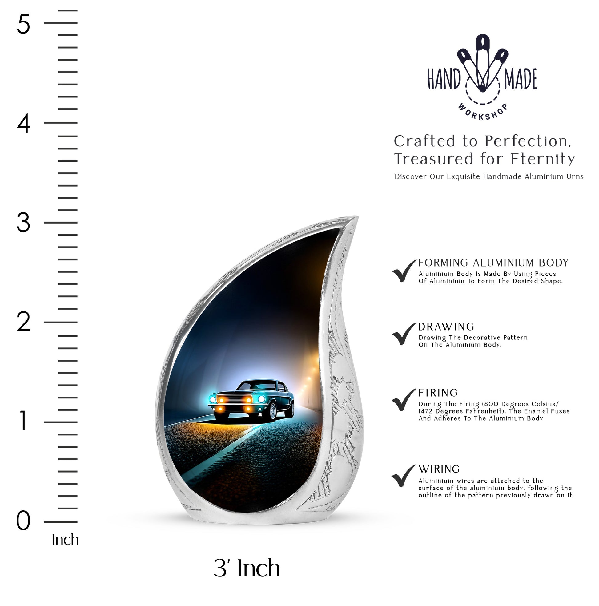 Rich Black Car Cremation Urn angled view of lid and engraved motif - rounded teardrop car design with delicate detail - mini keepsake memorial for portion of cremation ashes