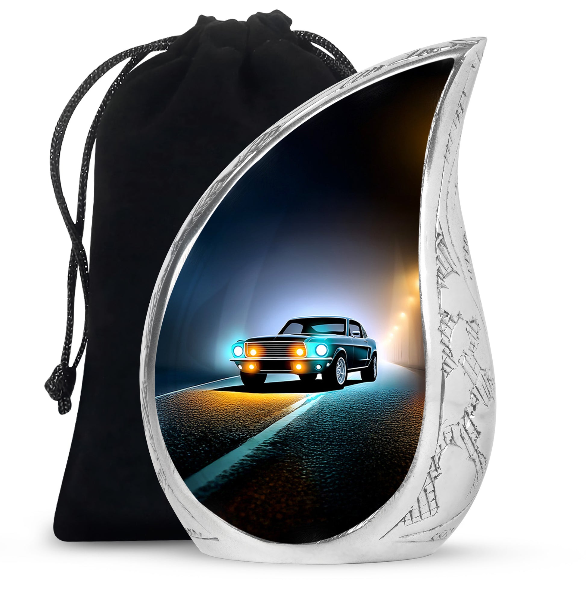 Rich Black Car Cremation Urn front view showing detailed design - flowing teardrop car silhouette on curved aluminum - full-size 10 inch 200 cubic inch adult cremation urn