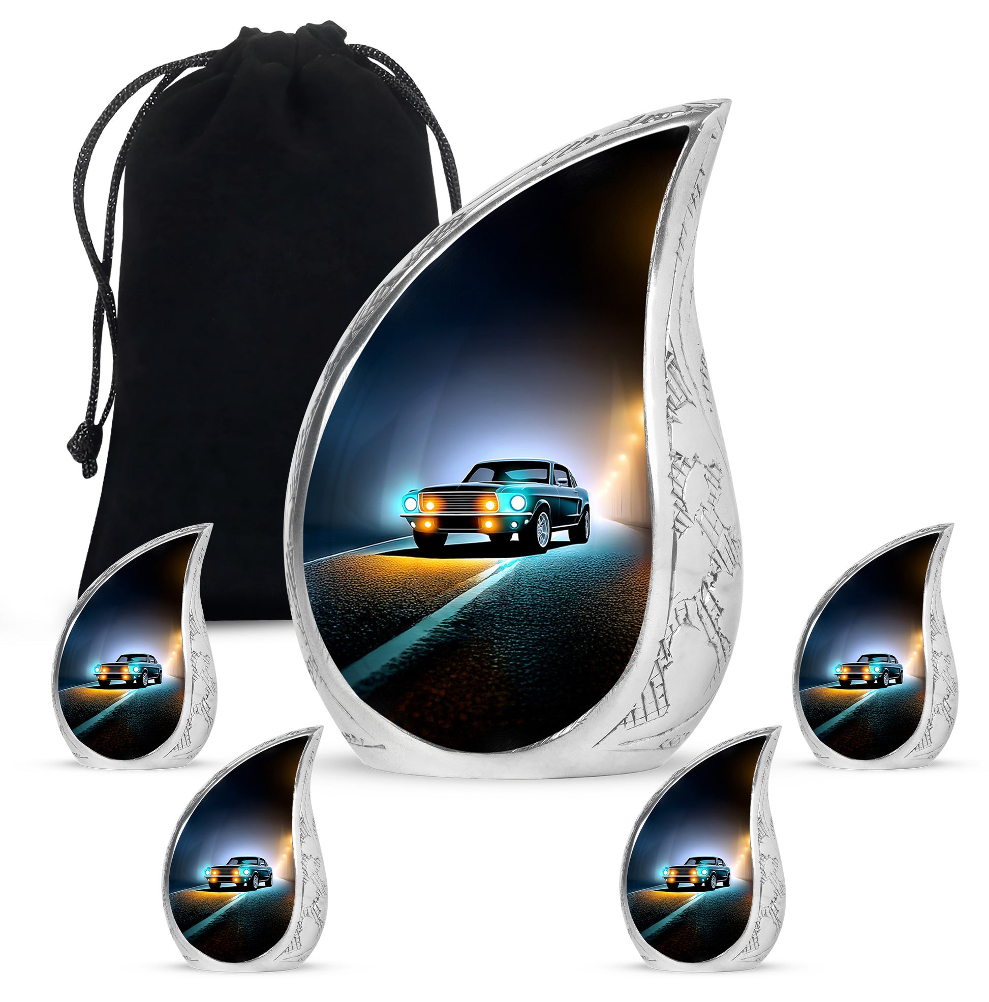 Ebony Car Cremation Urn side profile showing urn shape - rounded teardrop car design with delicate detail - memorial set with one large and four small urns