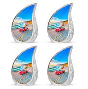 Soft Blue Car Cremation Urn close-up of engraving and surface detail - smooth teardrop contour featuring car art - 10 inch aluminum urn for cremated remains