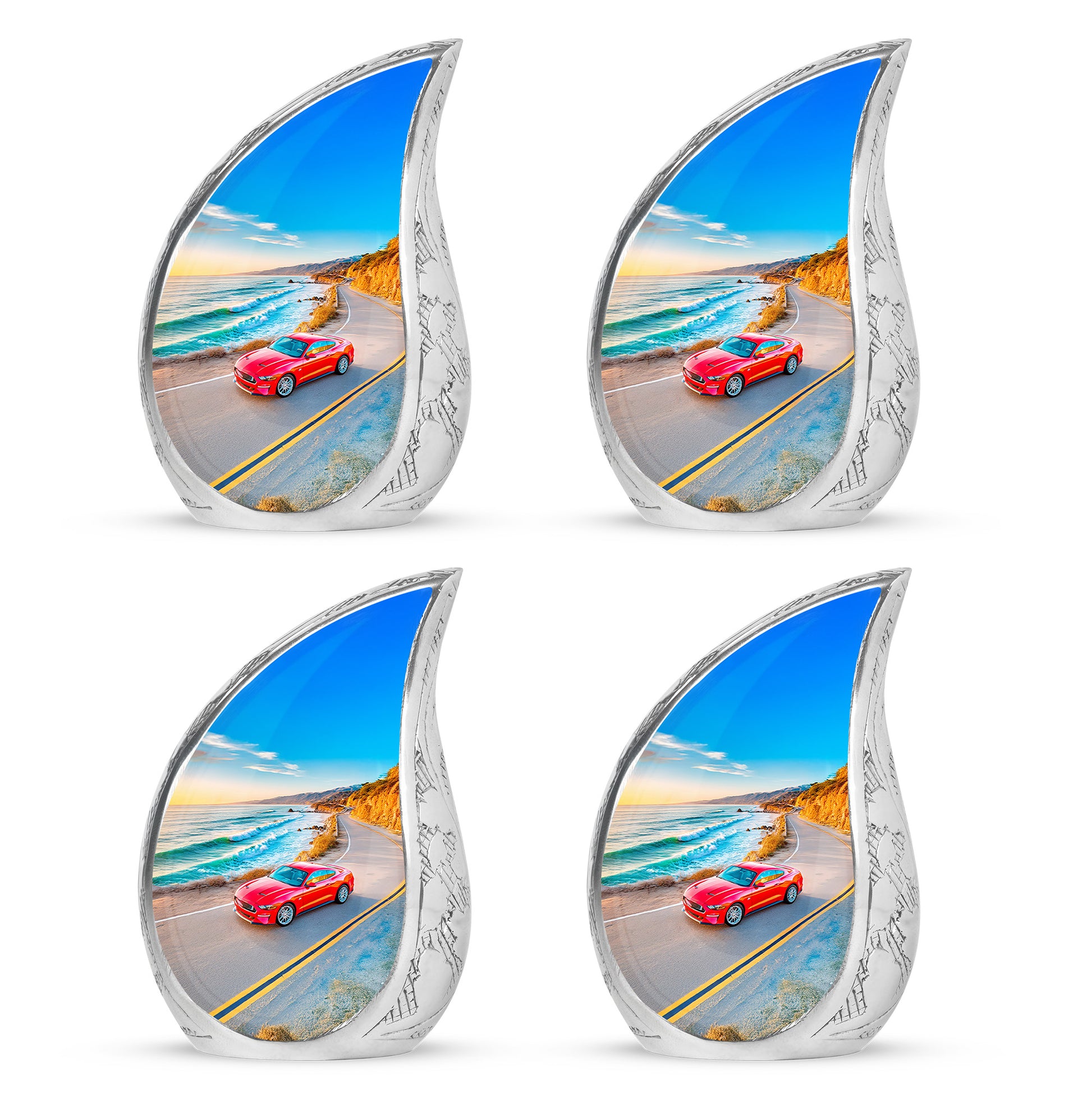 Soft Blue Car Cremation Urn close-up of engraving and surface detail - smooth teardrop contour featuring car art - 10 inch aluminum urn for cremated remains