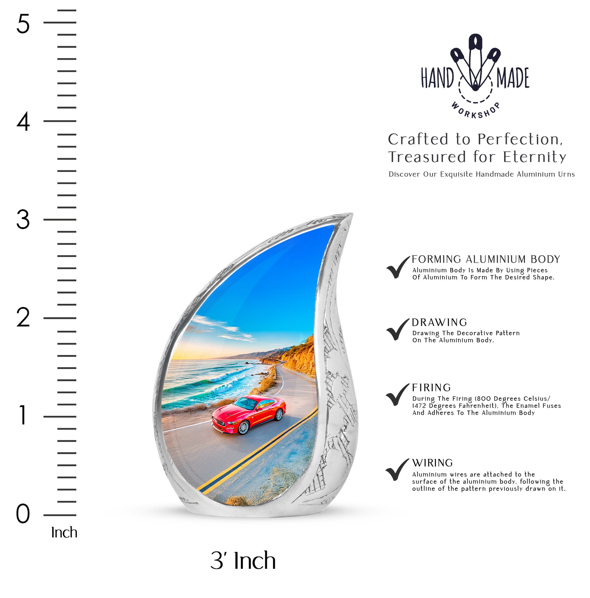 Bright Blue Car Cremation Urn angled view of lid and engraved motif - graceful tear-shaped urn with car motif - mini keepsake memorial for portion of cremation ashes