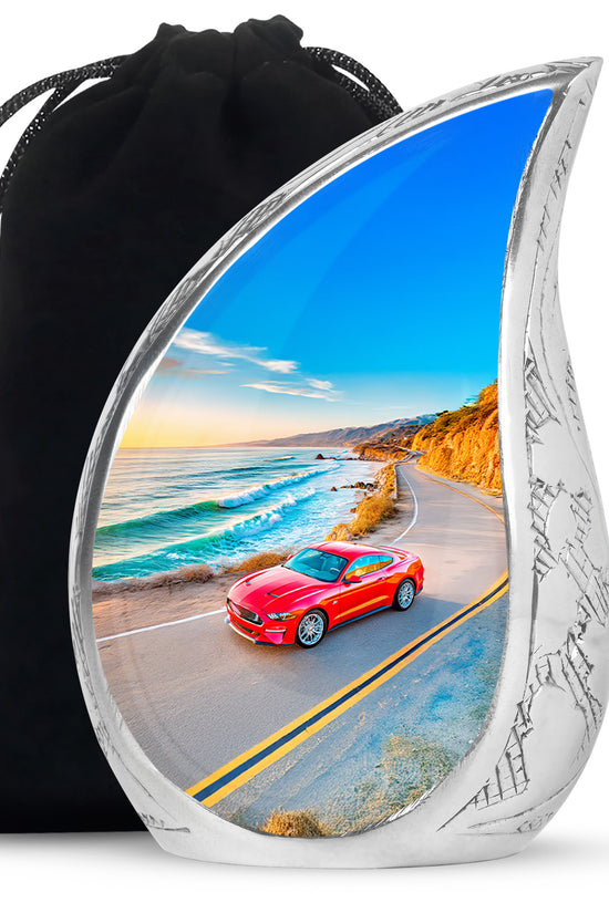 Twilight Blue Car Cremation Urn front view showing detailed design - smooth teardrop contour featuring car art - full-size 10 inch 200 cubic inch adult cremation urn