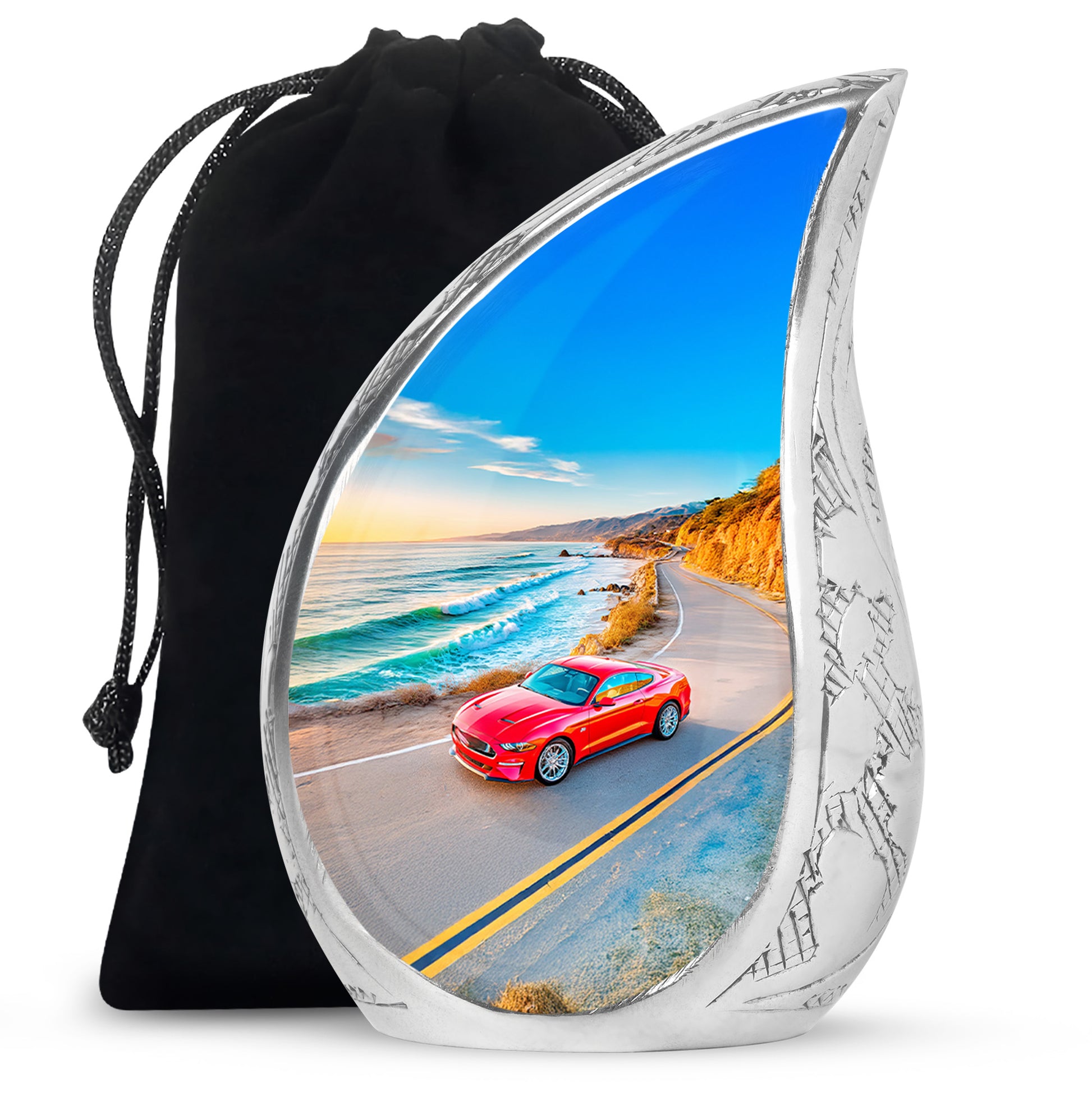 Twilight Blue Car Cremation Urn front view showing detailed design - smooth teardrop contour featuring car art - full-size 10 inch 200 cubic inch adult cremation urn