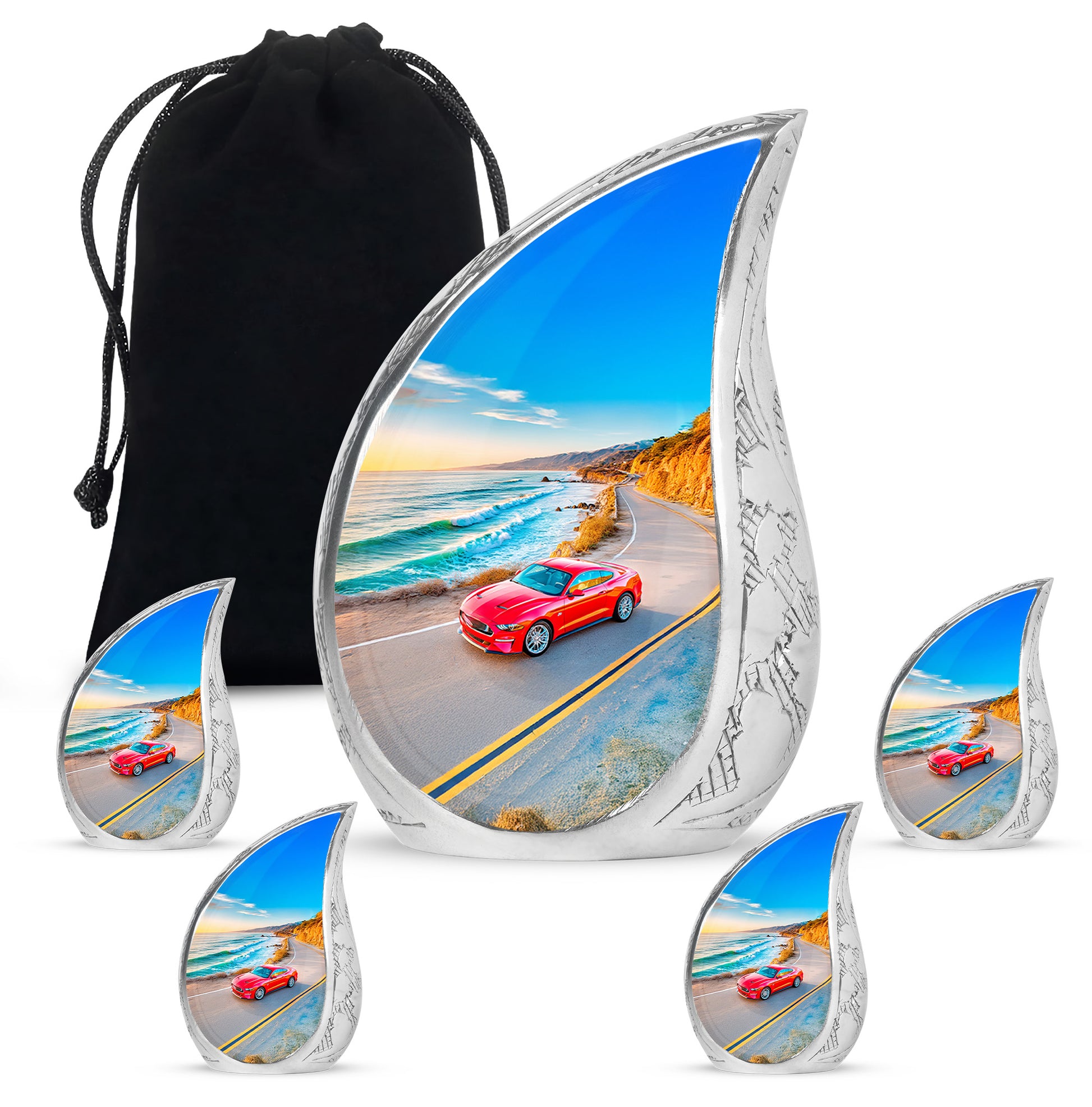 Icy Blue Car Cremation Urn side profile showing urn shape - rounded teardrop car design with delicate detail - memorial set with one large and four small urns