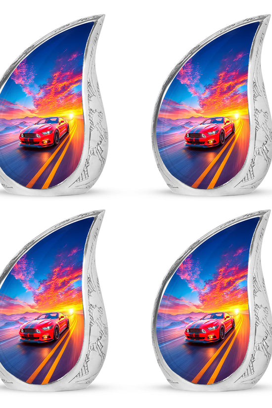 Cornflower Blue Car Cremation Urn close-up of engraving and surface detail - smooth teardrop contour featuring car art - 10 inch aluminum urn for cremated remains