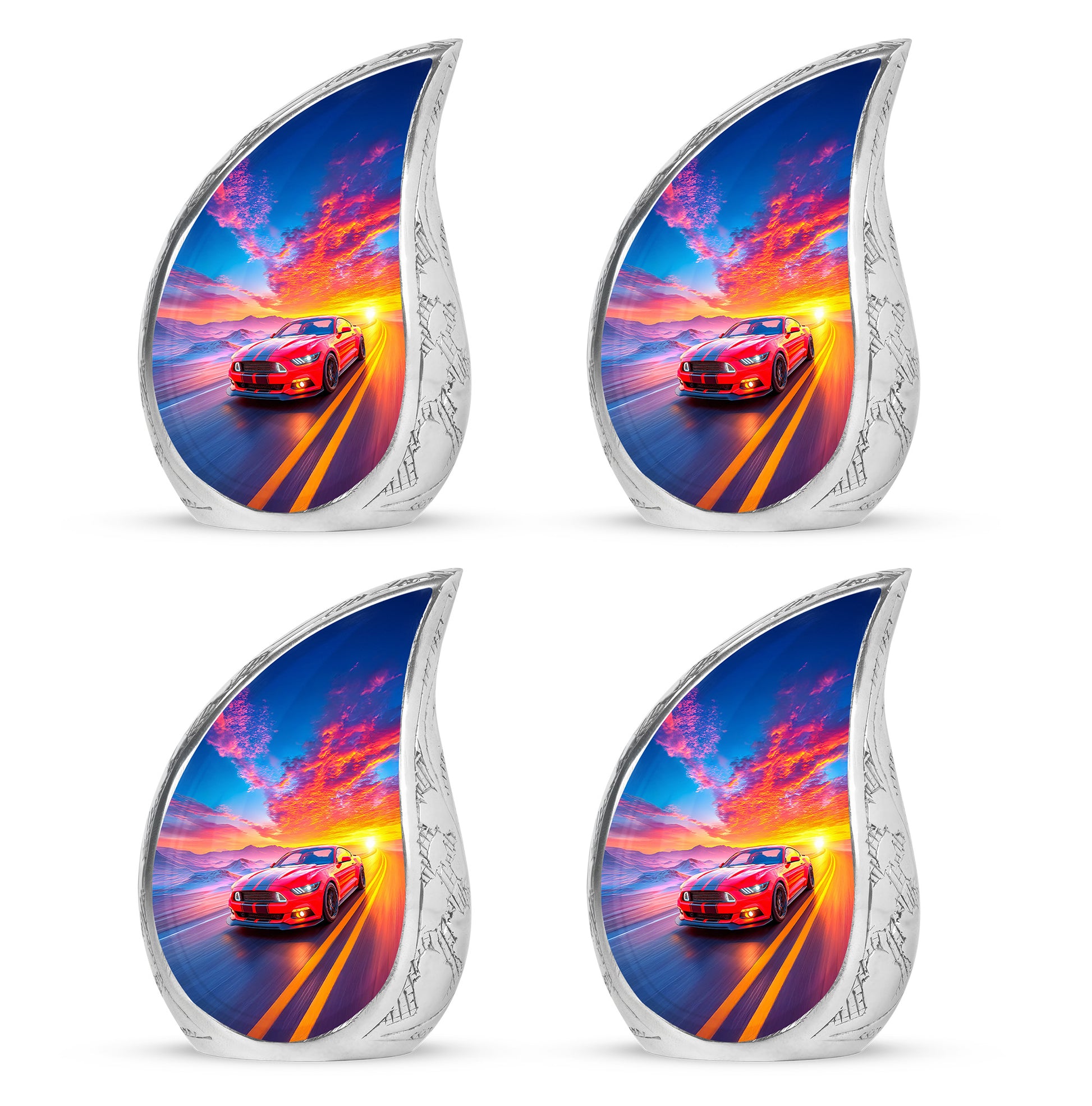 Cornflower Blue Car Cremation Urn close-up of engraving and surface detail - smooth teardrop contour featuring car art - 10 inch aluminum urn for cremated remains
