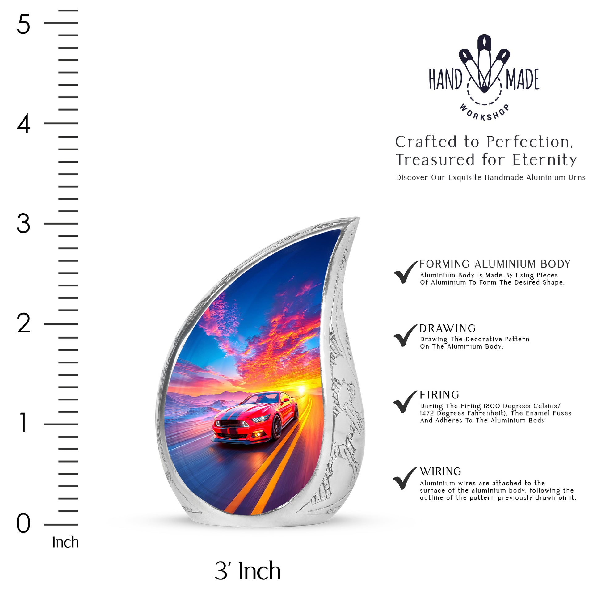 Bright Blue Car Cremation Urn angled view of lid and engraved motif - graceful tear-shaped urn with car motif - mini keepsake memorial for portion of cremation ashes