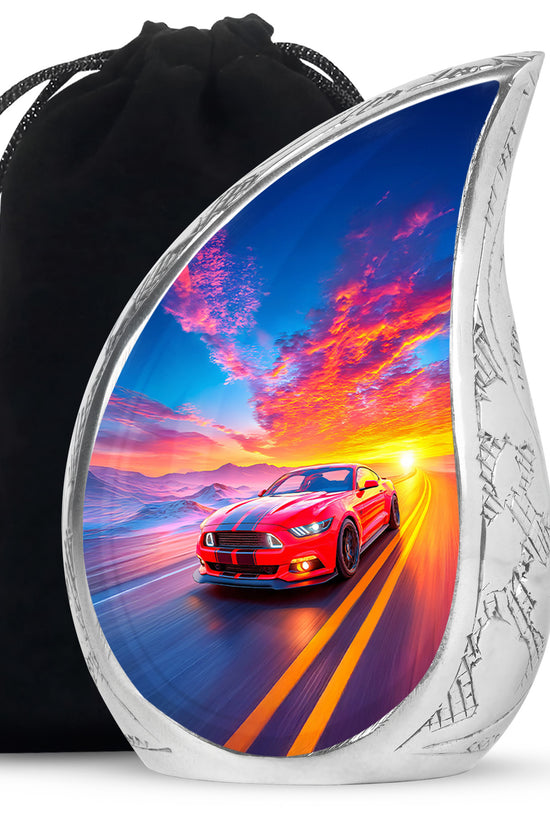 Royal Blue Car Cremation Urn front view showing detailed design - graceful tear-shaped urn with car motif - full-size 10 inch 200 cubic inch adult cremation urn
