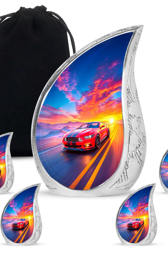 Sky Blue Car Cremation Urn side profile showing urn shape - rounded teardrop car design with delicate detail - memorial set with one large and four small urns