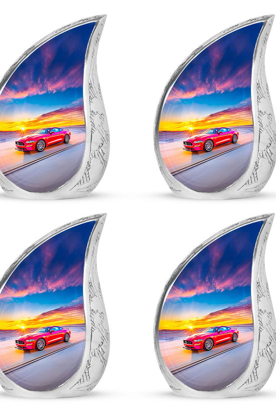 Powder Blue Car Cremation Urn close-up of engraving and surface detail - flowing teardrop car silhouette on curved aluminum - 10 inch aluminum urn for cremated remains