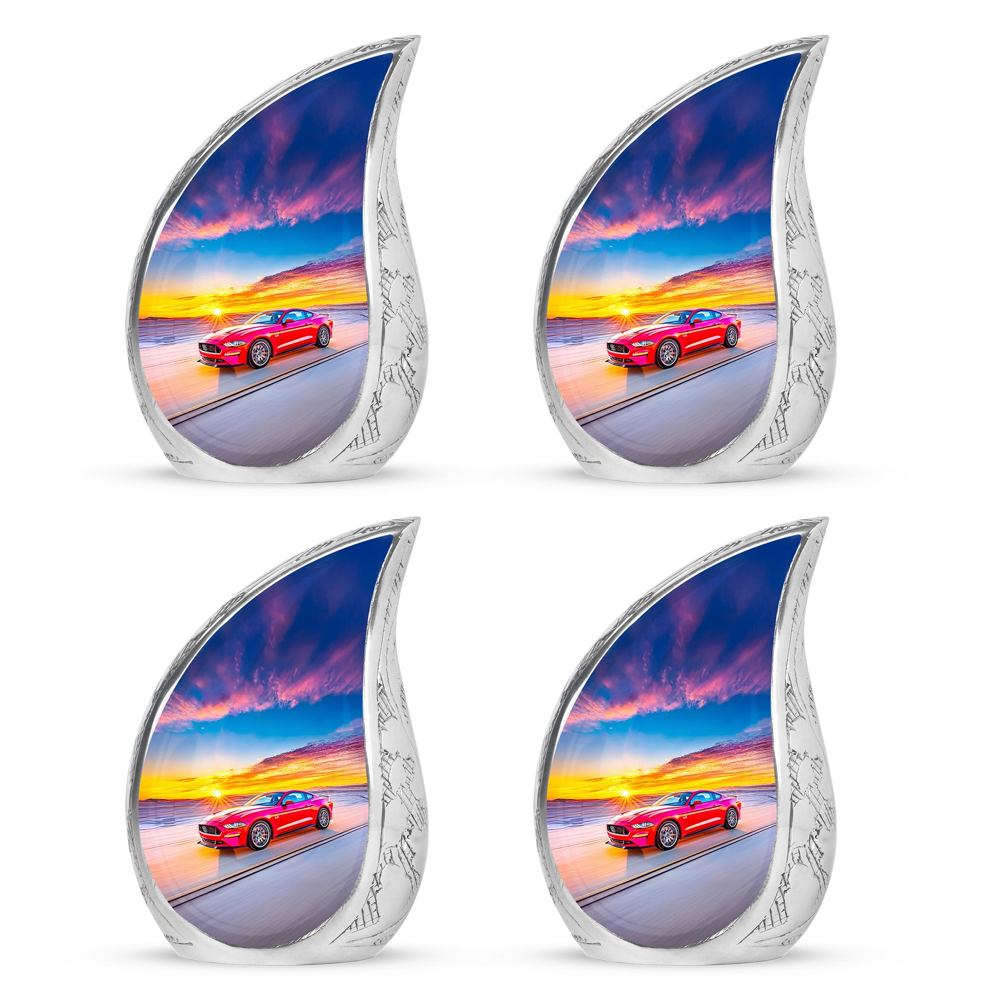 Powder Blue Car Cremation Urn close-up of engraving and surface detail - flowing teardrop car silhouette on curved aluminum - 10 inch aluminum urn for cremated remains