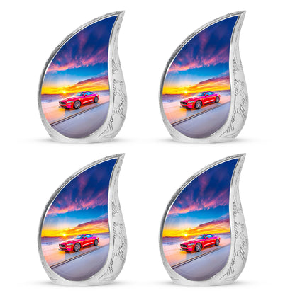 Powder Blue Car Cremation Urn close-up of engraving and surface detail - flowing teardrop car silhouette on curved aluminum - 10 inch aluminum urn for cremated remains