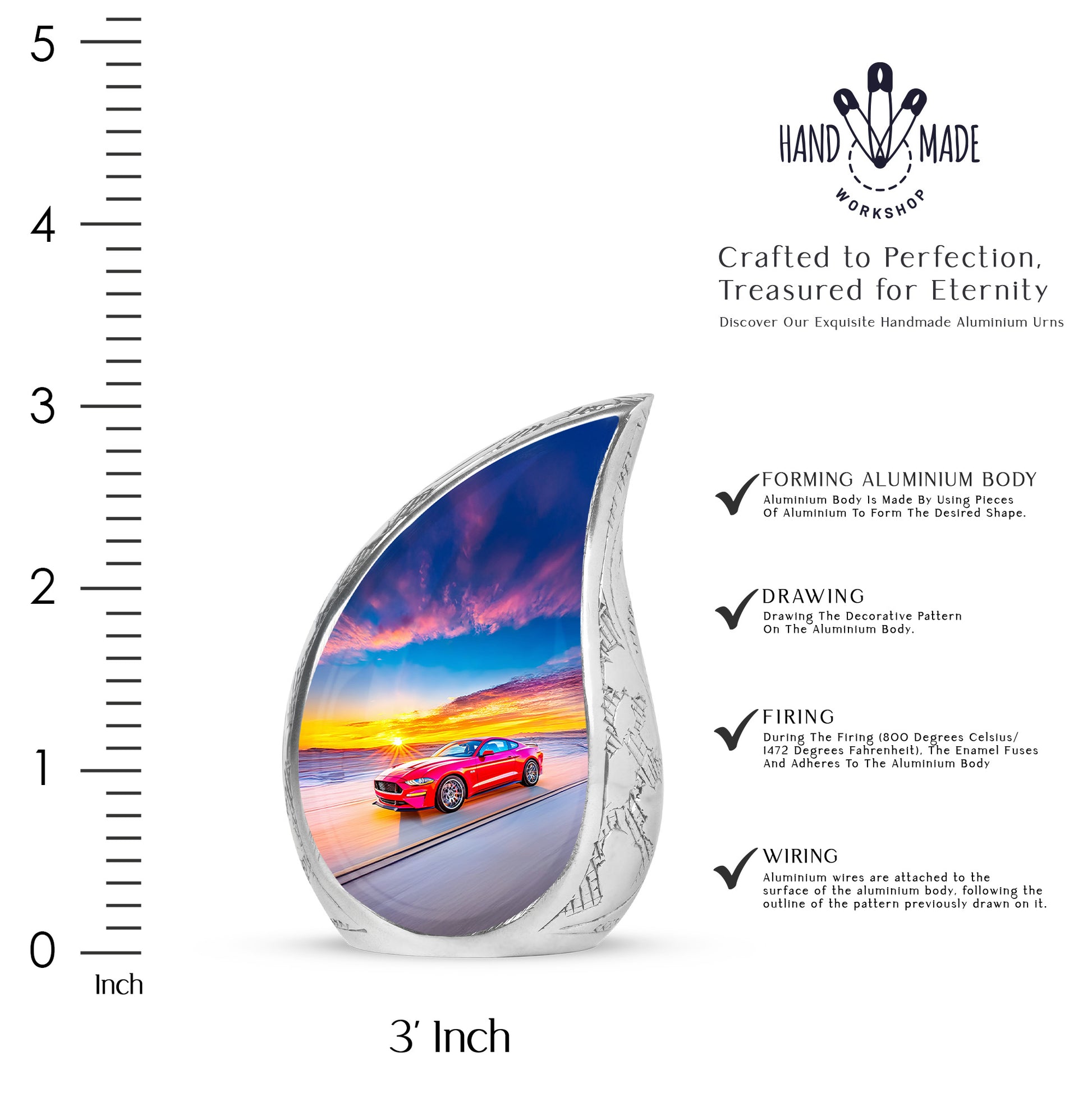 Bright Blue Car Cremation Urn angled view of lid and engraved motif - graceful tear-shaped urn with car motif - mini keepsake memorial for portion of cremation ashes