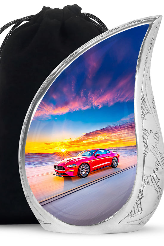 Misty Blue Car Cremation Urn front view showing detailed design - rounded teardrop car design with delicate detail - full-size 10 inch 200 cubic inch adult cremation urn