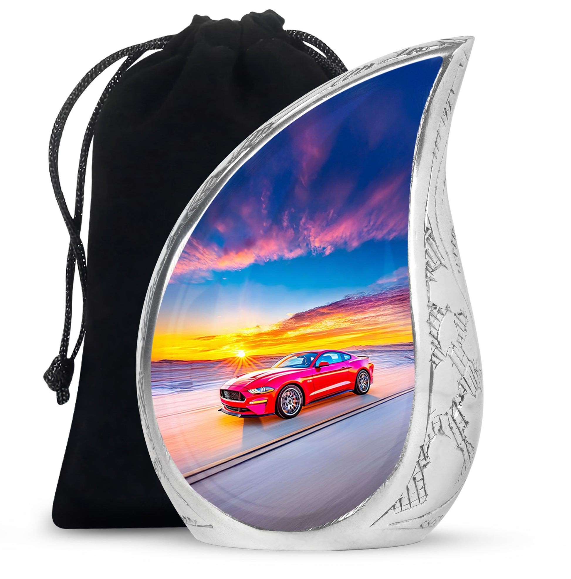Misty Blue Car Cremation Urn front view showing detailed design - rounded teardrop car design with delicate detail - full-size 10 inch 200 cubic inch adult cremation urn