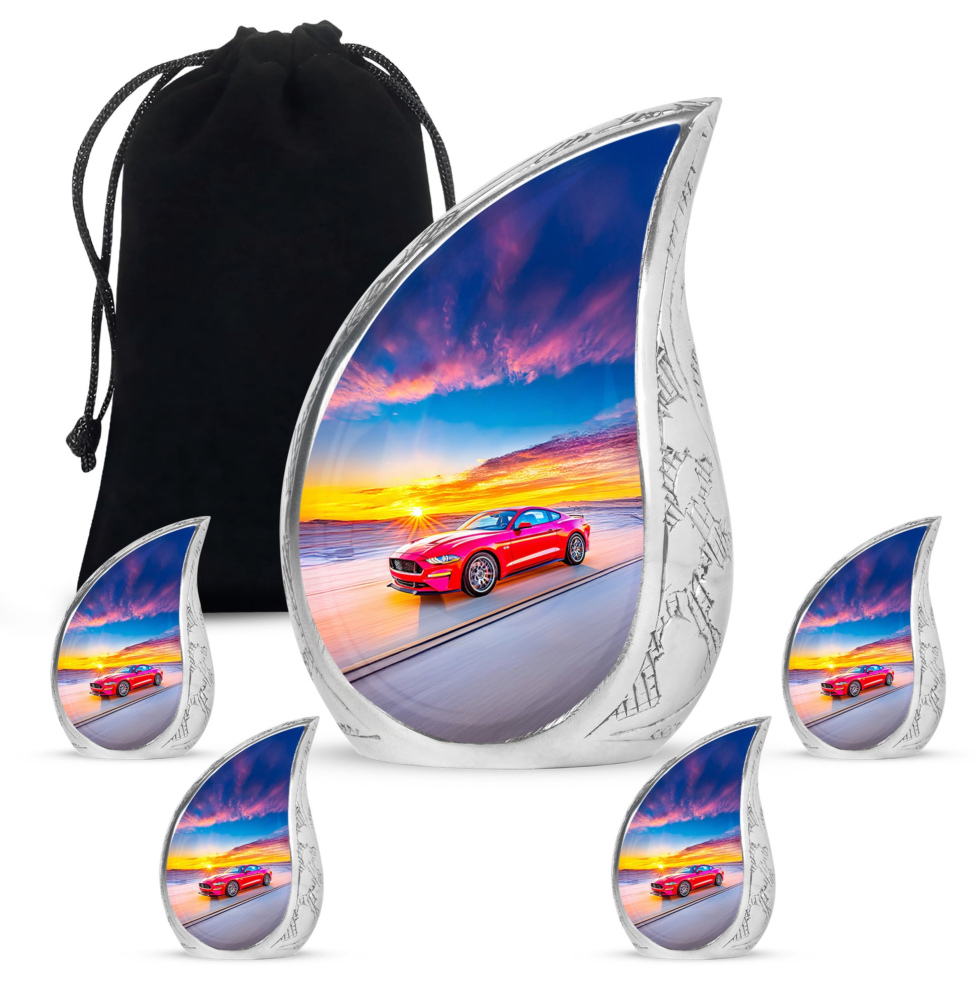 Sapphire Blue Car Cremation Urn side profile showing urn shape - smooth teardrop contour featuring car art - memorial set with one large and four small urns