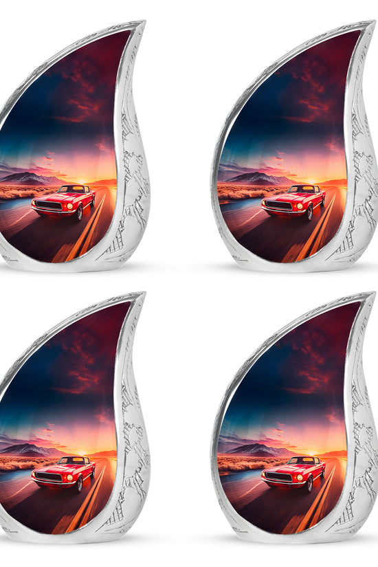 Royal Blue Car Cremation Urn close-up of engraving and surface detail - smooth teardrop contour featuring car art - 10 inch aluminum urn for cremated remains