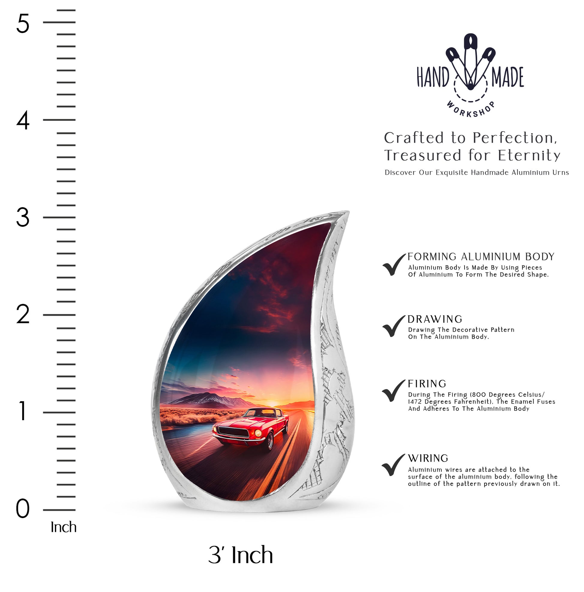 Cobalt Blue Car Cremation Urn angled view of lid and engraved motif - graceful tear-shaped urn with car motif - mini keepsake memorial for portion of cremation ashes