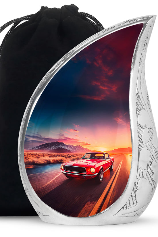 Royal Blue Car Cremation Urn front view showing detailed design - smooth teardrop contour featuring car art - full-size 10 inch 200 cubic inch adult cremation urn