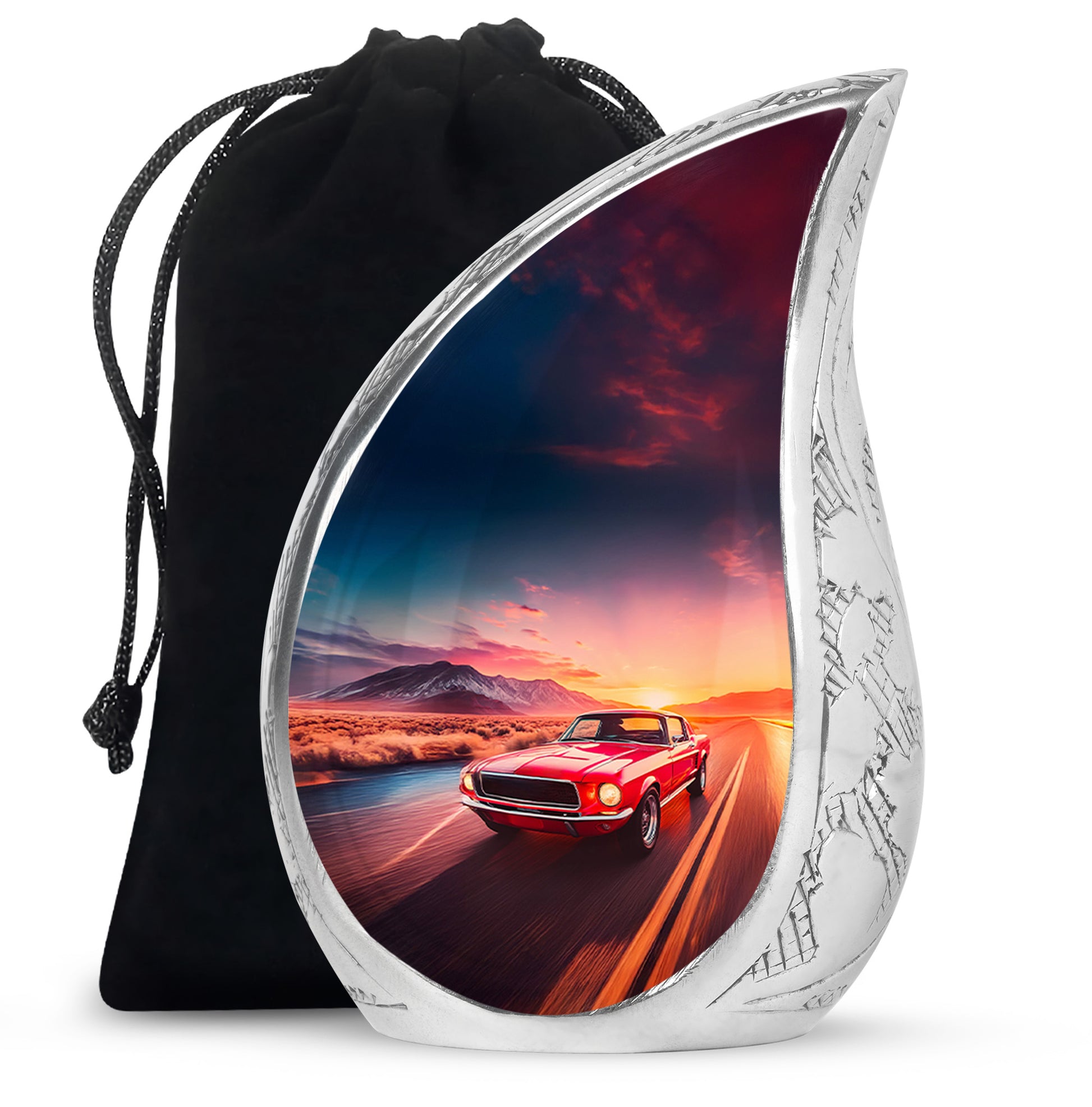 Royal Blue Car Cremation Urn front view showing detailed design - smooth teardrop contour featuring car art - full-size 10 inch 200 cubic inch adult cremation urn
