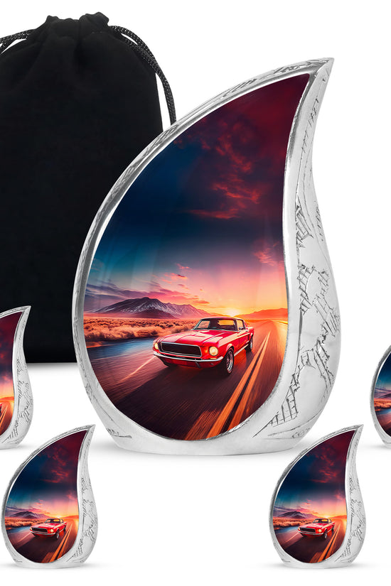 Sapphire Blue Car Cremation Urn side profile showing urn shape - graceful tear-shaped urn with car motif - memorial set with one large and four small urns