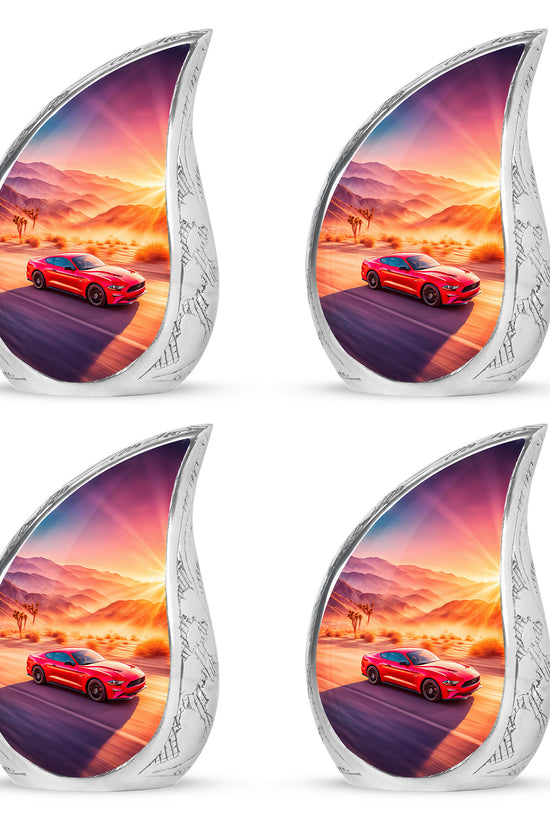 Rose Pink Car Cremation Urn close-up of engraving and surface detail - flowing teardrop car silhouette on curved aluminum - 10 inch aluminum urn for cremated remains
