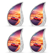 Rose Pink Car Cremation Urn close-up of engraving and surface detail - flowing teardrop car silhouette on curved aluminum - 10 inch aluminum urn for cremated remains