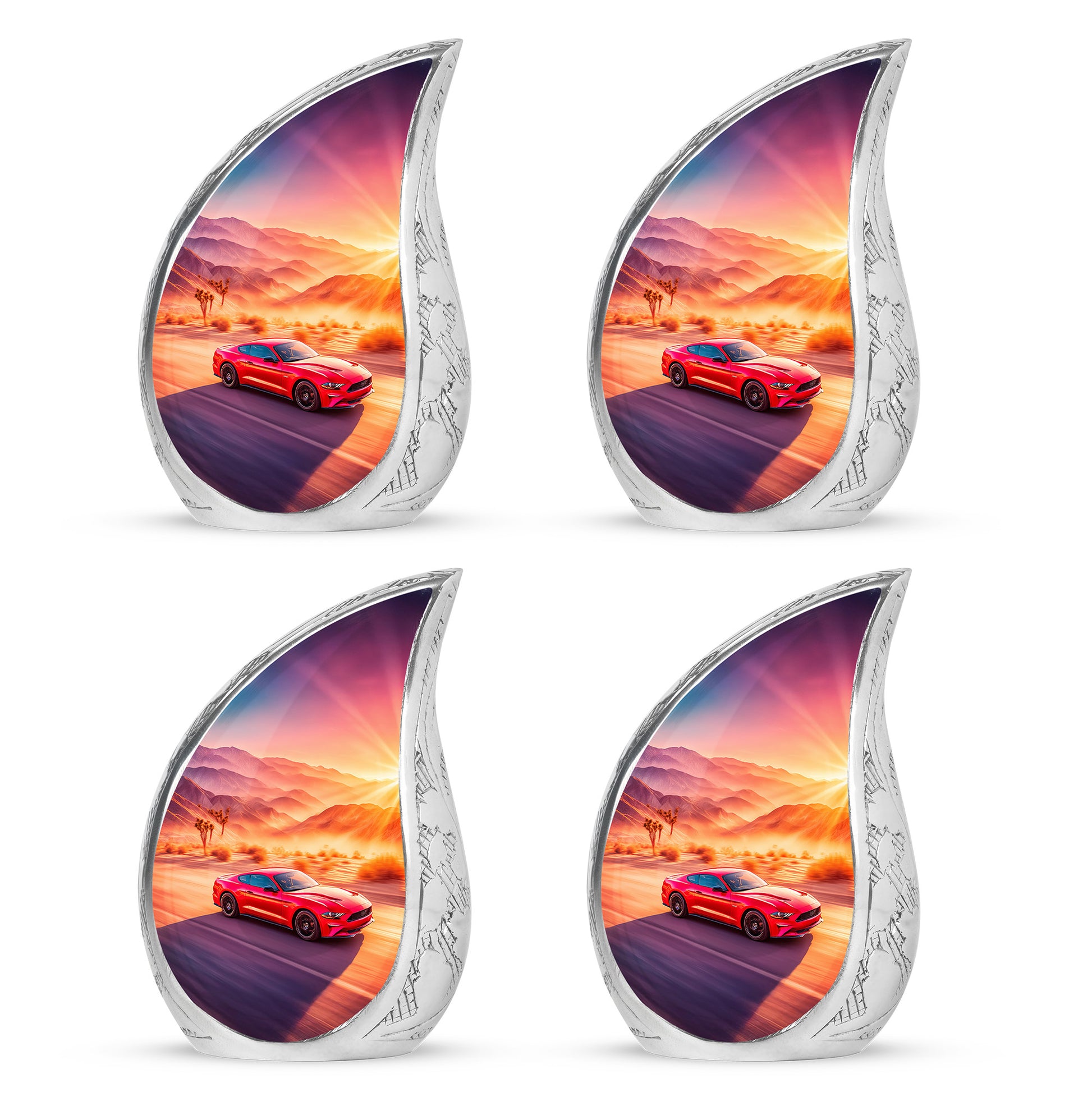 Rose Pink Car Cremation Urn close-up of engraving and surface detail - flowing teardrop car silhouette on curved aluminum - 10 inch aluminum urn for cremated remains