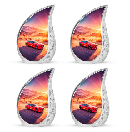 Rose Pink Car Cremation Urn close-up of engraving and surface detail - flowing teardrop car silhouette on curved aluminum - 10 inch aluminum urn for cremated remains