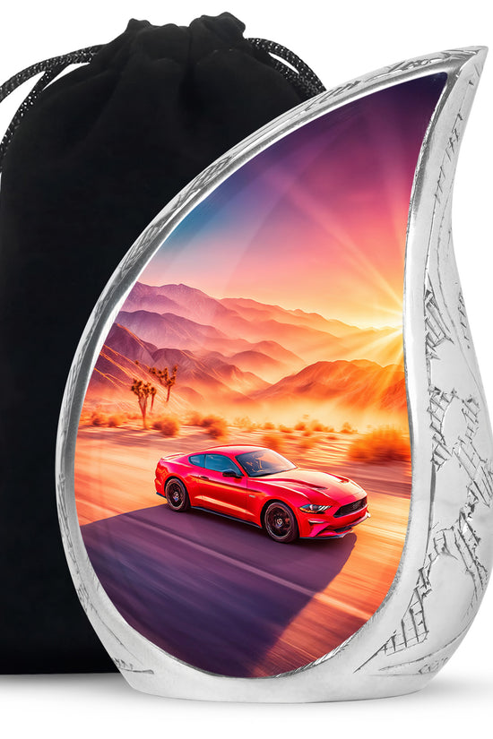 Coral Pink Car Cremation Urn front view showing detailed design - rounded teardrop car design with delicate detail - full-size 10 inch 200 cubic inch adult cremation urn