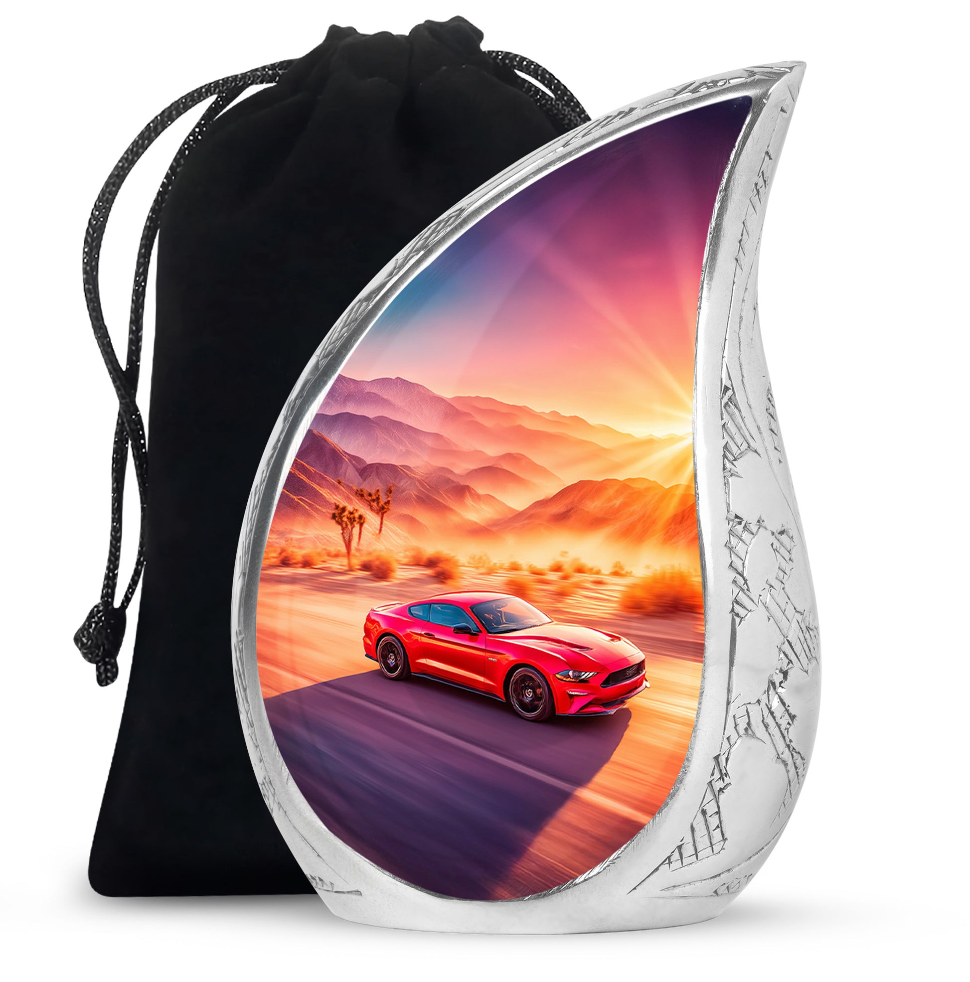 Coral Pink Car Cremation Urn front view showing detailed design - rounded teardrop car design with delicate detail - full-size 10 inch 200 cubic inch adult cremation urn
