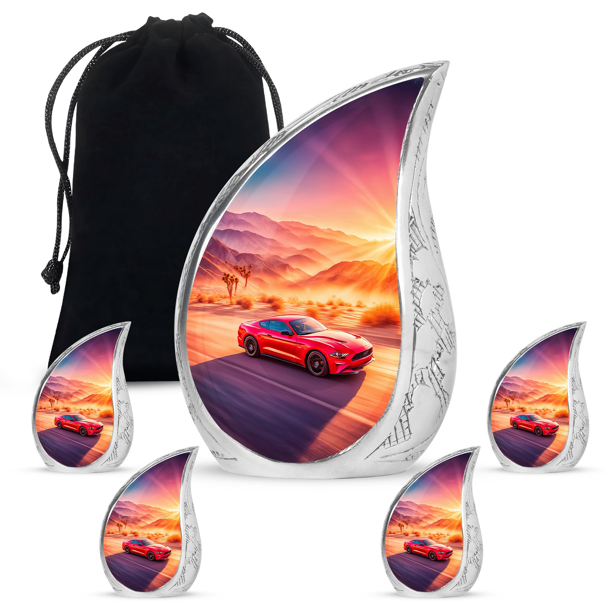 Pastel Pink Car Cremation Urn side profile showing urn shape - flowing teardrop car silhouette on curved aluminum - memorial set with one large and four small urns