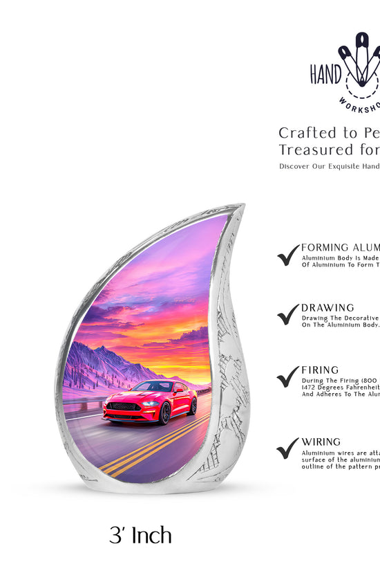 Azure Car Cremation Urn angled view of lid and engraved motif - rounded teardrop car design with delicate detail - mini keepsake memorial for portion of cremation ashes