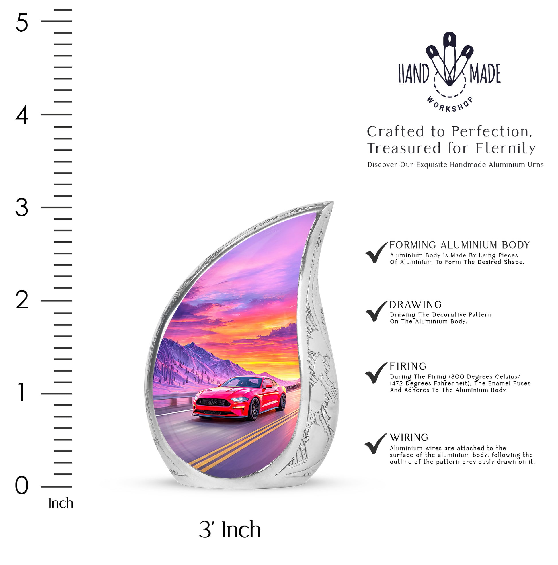 Azure Car Cremation Urn angled view of lid and engraved motif - rounded teardrop car design with delicate detail - mini keepsake memorial for portion of cremation ashes