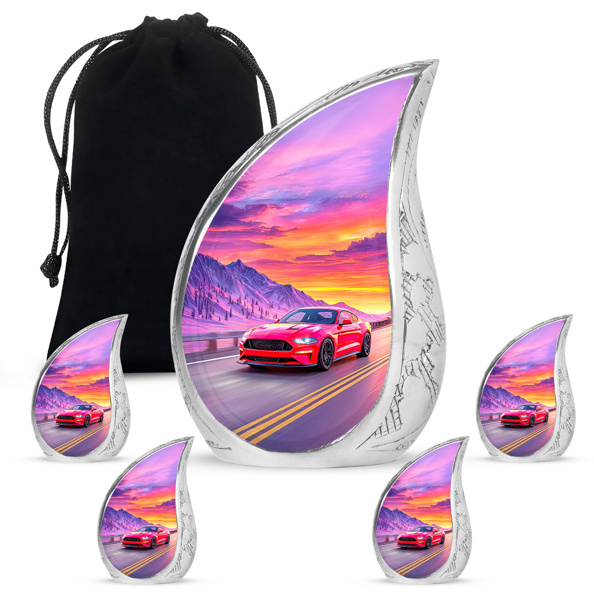 Dusty Blue Car Cremation Urn side profile showing urn shape - flowing teardrop car silhouette on curved aluminum - memorial set with one large and four small urns