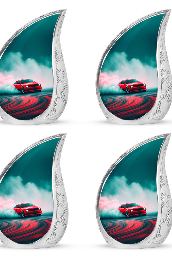 Jewel Teal Car Cremation Urn close-up of engraving and surface detail - flowing teardrop car silhouette on curved aluminum - 10 inch aluminum urn for cremated remains