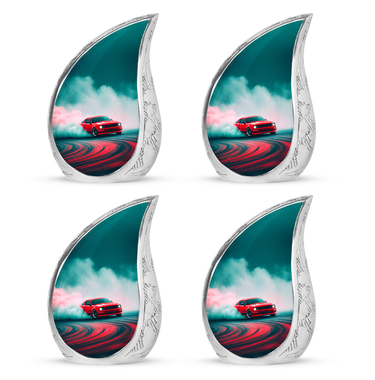 Jewel Teal Car Cremation Urn close-up of engraving and surface detail - flowing teardrop car silhouette on curved aluminum - 10 inch aluminum urn for cremated remains