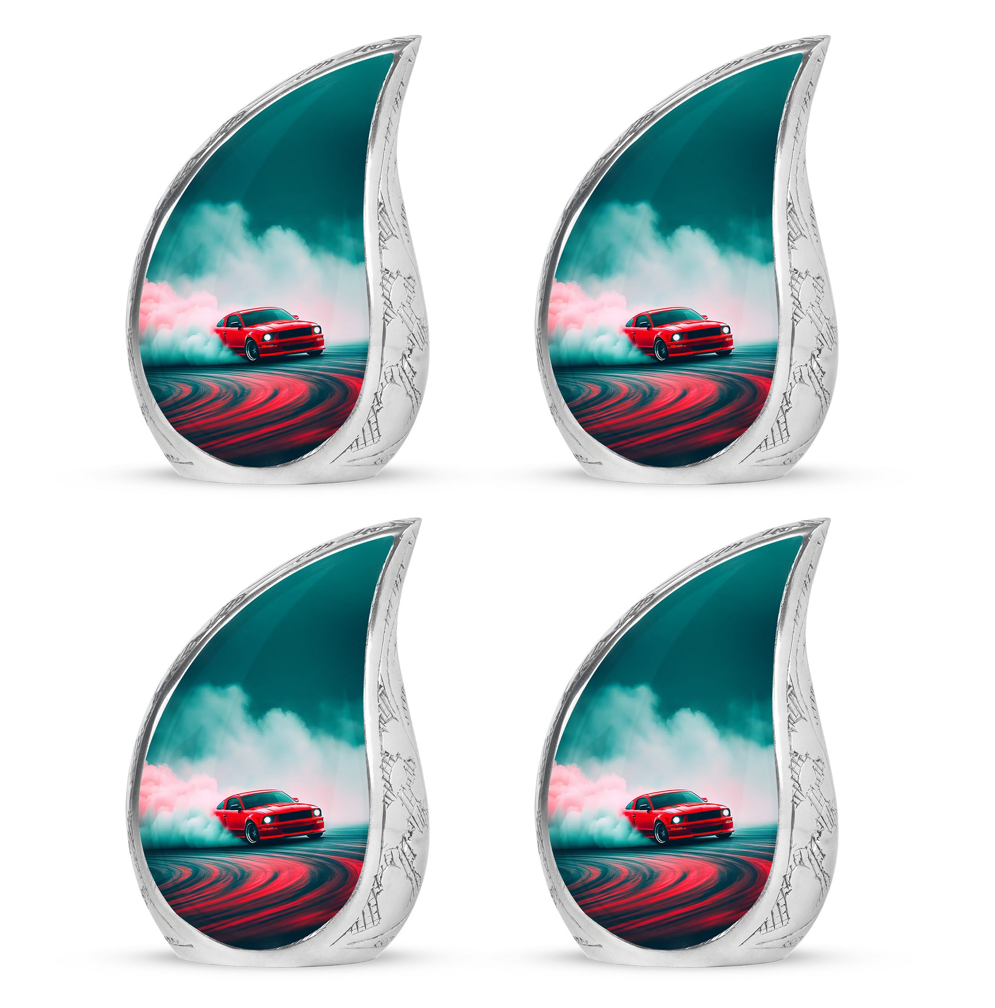 Jewel Teal Car Cremation Urn close-up of engraving and surface detail - flowing teardrop car silhouette on curved aluminum - 10 inch aluminum urn for cremated remains