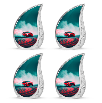 Jewel Teal Car Cremation Urn close-up of engraving and surface detail - flowing teardrop car silhouette on curved aluminum - 10 inch aluminum urn for cremated remains