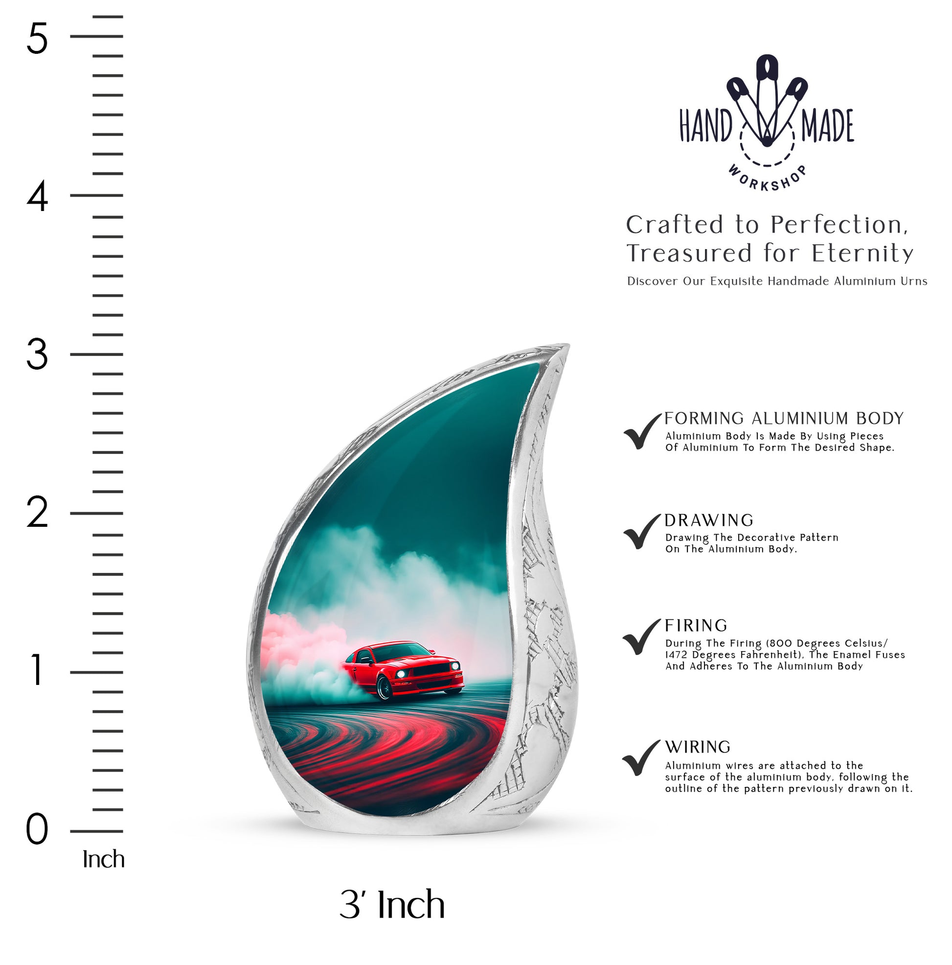 Aqua Teal Car Cremation Urn angled view of lid and engraved motif - graceful tear-shaped urn with car motif - mini keepsake memorial for portion of cremation ashes