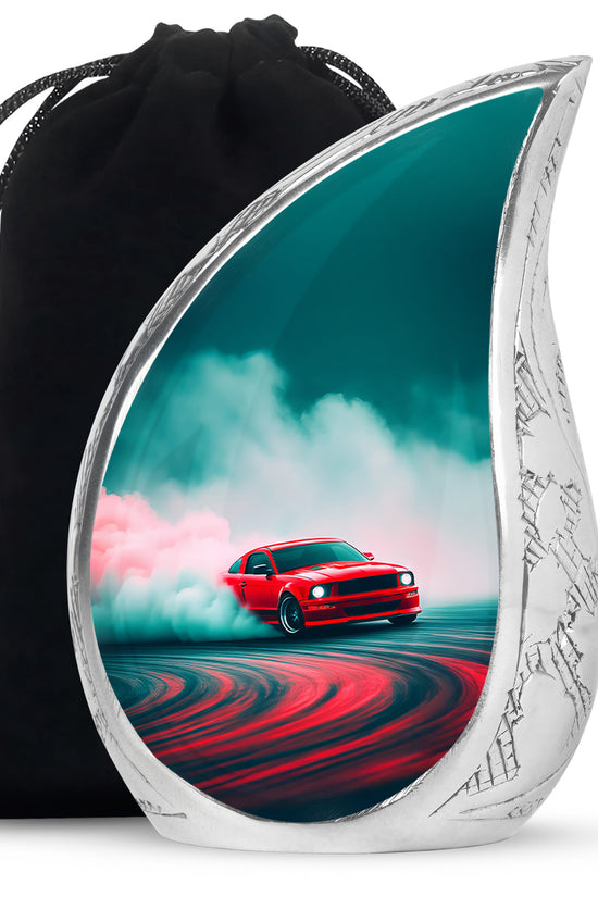 Aqua Teal Car Cremation Urn front view showing detailed design - graceful tear-shaped urn with car motif - full-size 10 inch 200 cubic inch adult cremation urn