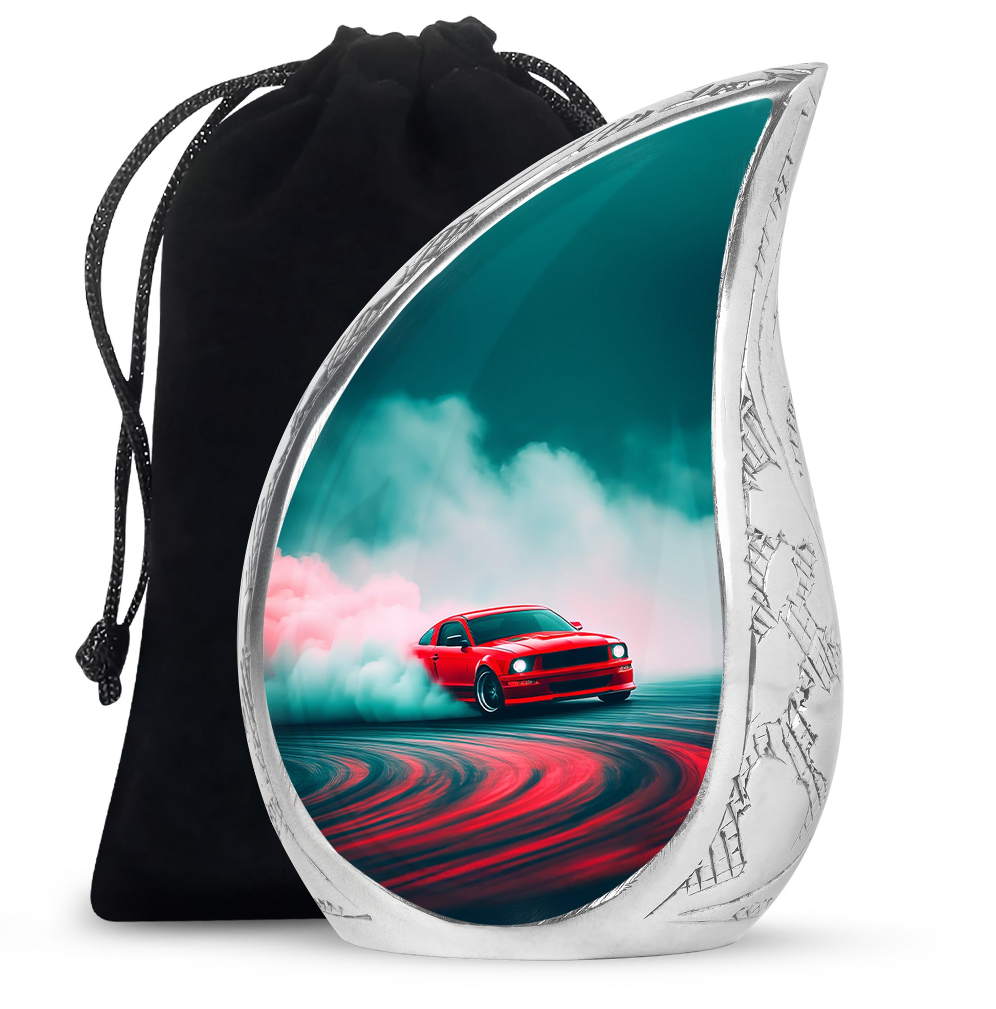 Aqua Teal Car Cremation Urn front view showing detailed design - graceful tear-shaped urn with car motif - full-size 10 inch 200 cubic inch adult cremation urn