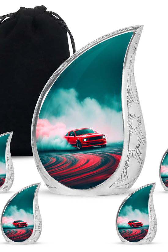 Aqua Teal Car Cremation Urn side profile showing urn shape - smooth teardrop contour featuring car art - memorial set with one large and four small urns